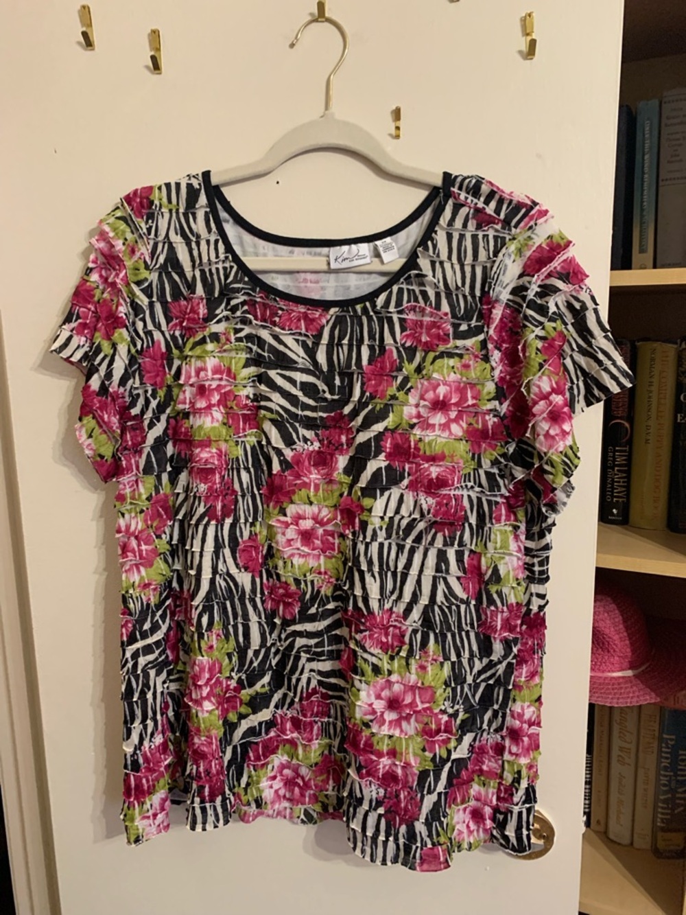 Kim Rogers Black White Zebra Floral Tee with Pink and Green Accents